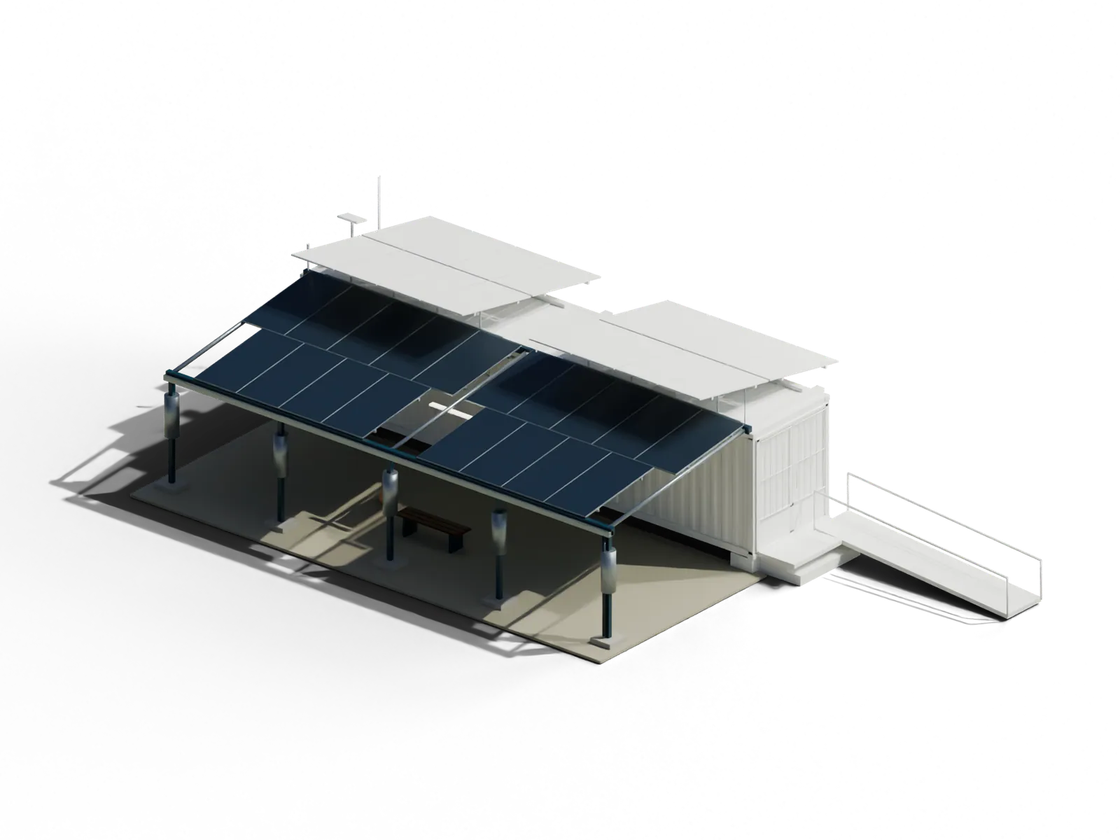 Design visualization of a full solar canopy along a classroom’s long side, with a bench and a ball in its shade