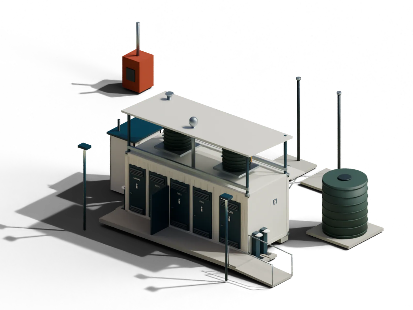 Design visualization of the Wash House from the front: five doors in a row on a low plinth, a ramp to the accessible toilet, tanks on a shaded frame above