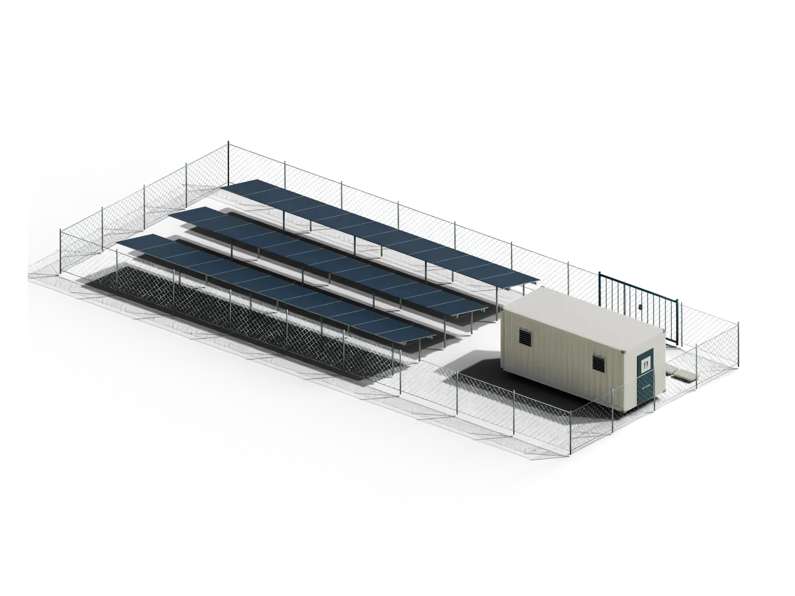 Design visualization of the Power Station: a small battery house beside a fenced field of solar panels in rows