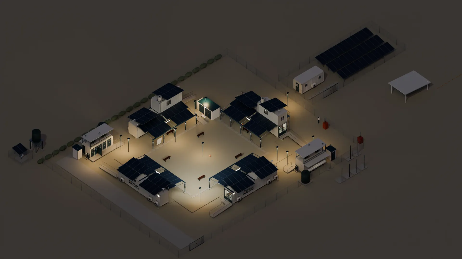 Design visualization at dusk of a fully grown Lantern campus: four classrooms with solar canopies round a courtyard, a second home, two Wash Houses, a borehole with tanks, a fence and gate, and a fenced Power Station beyond