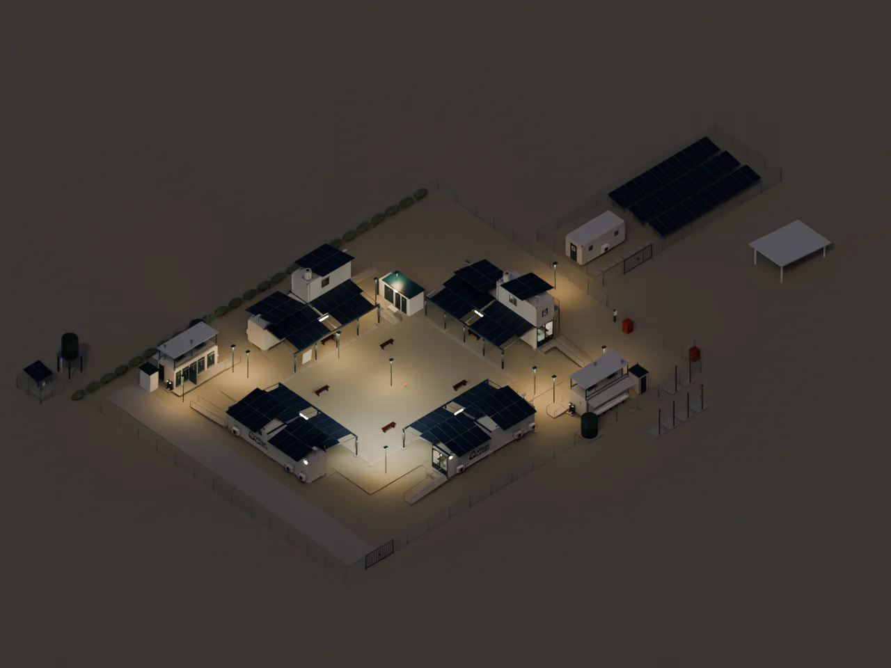 Design visualization at dusk: a Lantern grows into a campus of four classrooms round a courtyard, with canopies, two Wash Houses, a second home and a fenced Power Station