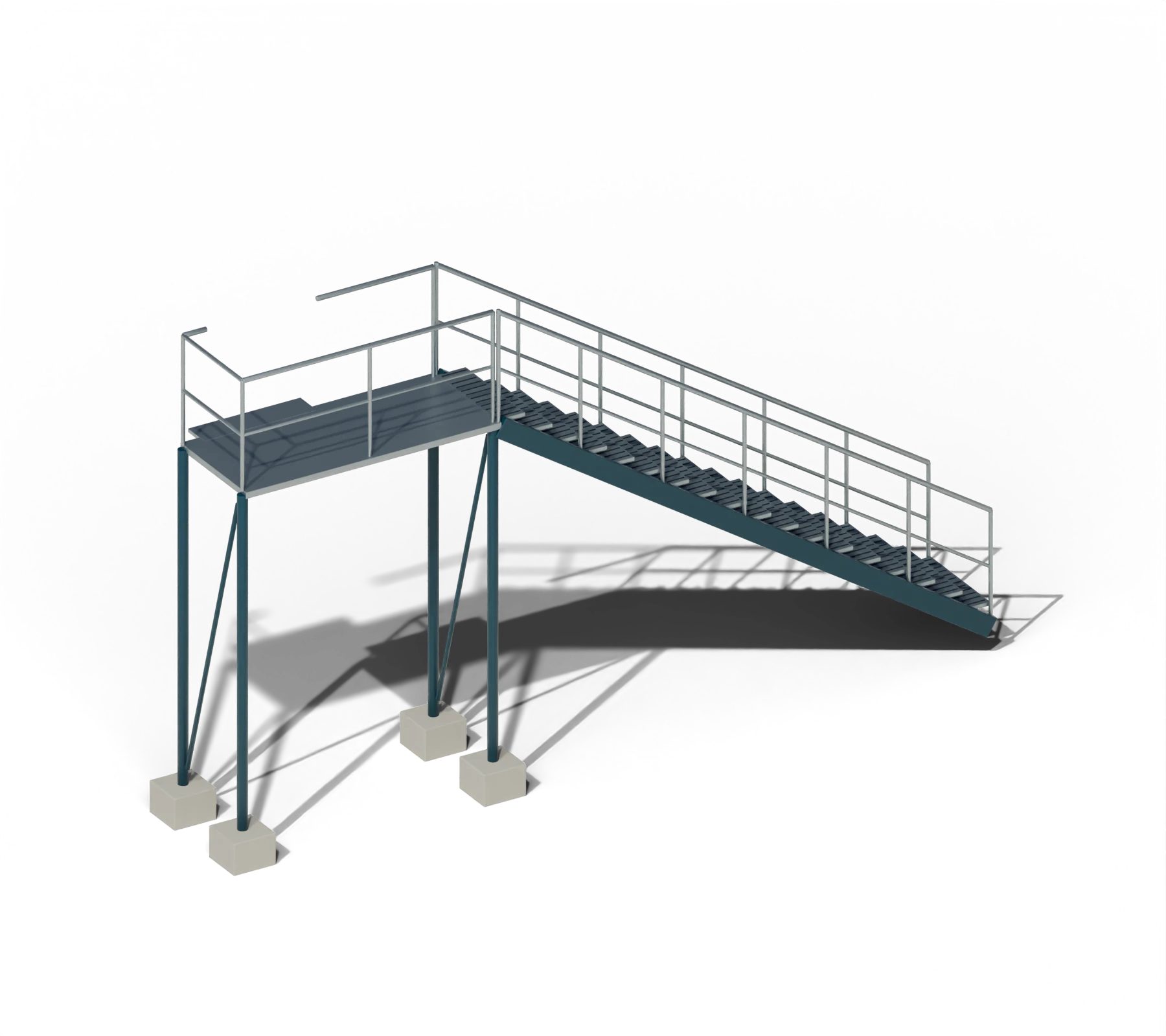 The external steel stair climbing from the ground to the deck outside the home’s front door.