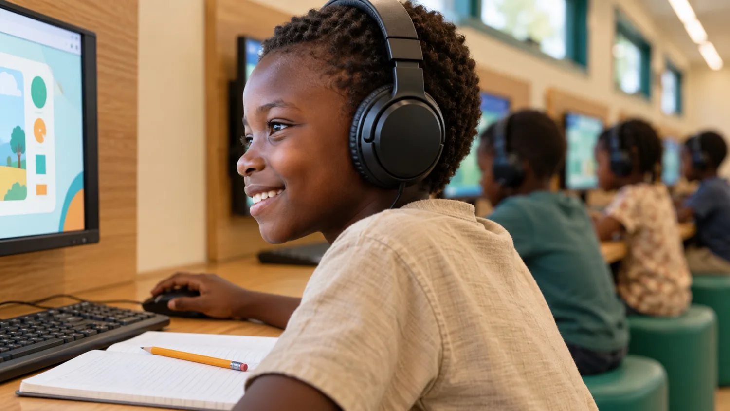 Illustration of a smiling child in headphones working at a Lantern learning station, other children at stations behind.